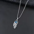 Vintage Silberfeder-Halskette mit blauem Evil Eye Anhänger auf schwarzem Leder - 60cm Kette / Blau