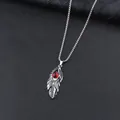 Vintage Silber Feder Halskette mit auffälligem rotem Drachenauge Stein auf schwarzem Grund - 60cm Kette / Rot