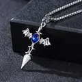 Gothic silver-toned bat wing necklace with a large blue oval gemstone and box chain - Blue Wing with Corn Chain