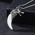 Men hip hop wolf fang pendant necklace with silver bead chain and retro wolf head texture - 8# White Wolf Fang with Corn Chain / Vintage Silver/White