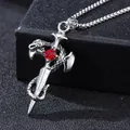Gothic silver snake and sword pendant with a red rhinestone on a metal bead chain - Coiled Dragon Sword Red Zirconia with Corn Chain
