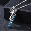 Hip hop titanium steel necklace featuring a carved wolf head and blue resin tooth pendant - Blue Wolf Fang with Corn Chain