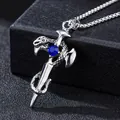 Gothic dagger necklace pendant with a blue gemstone and a snake wrap in silver finish - Coiled Dragon Sword Blue Zirconia with Corn Chain