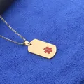 Men's gold stainless steel medical alert rectangle pendant with red star of life symbol - Gold Tag With Pearl Chain / Gold