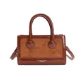 Brown contrast leather crossbody square bag with dual handles and fashion logo print - Brown