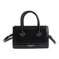 Elegant black baguette bag featuring suede and patent leather patchwork with top handles - Black