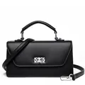 Minimalist black leather baguette handbag with silver rotating lock and shoulder strap - 25*8*14 / Black
