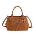 Karamelbruine suède crossbodytas met gladde leren handvaten en zilveren gespdetail - Zonder Hanger / Bruin