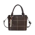 Minimalist dark brown square handbag with cream stitching and beaded charm accessory - Brown