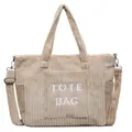 Borsa tote beige in velluto a coste con ricamo e tracolla regolabile rimovibile - Cachi