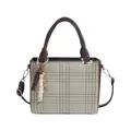 Minimalist beige and brown patchwork square handbag with crossbody strap and bead charm - White