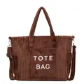 Borsa tote grande in velluto a coste marrone con ricamo e tracolla regolabile - caffè