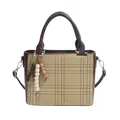 Matte suede khaki tote bag with lattice stitching and decorative wooden beads - Khaki