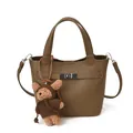 Brown litchi grain bucket bag with silver lock and a cute brown teddy bear pendant - With Bear Pendant / Gray
