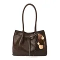 Dark brown matte leather tote bag with stylish buckle strap and cute bear charm - With Pendant / Brown