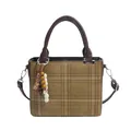 Brown faux suede square tote bag with white contrast stitching and beaded keychain - Green