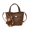 Brown lychee leather bucket bag with silver clasp and cute plush bear charm - With Bear Pendant / Brown