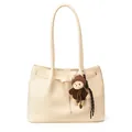 Creamy white PU leather tote bag with a cute brown plush bear charm on a slim shoulder strap - With Pendant / White