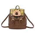 Mini bruine PU-leren rugzak met geel geruite klep en pluchen capibara-ontwerp - 20x12x21cm / Tan
