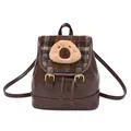 Retro donkerbruine rugzak met geruite flap en schattige capibara pluche hanger - 20x12x21cm / Donkerbruin