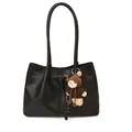 Minimalist black faux leather tote bag with gold buckle and brown teddy bear charm - With Pendant / Black
