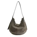 Grande borsa tote grigio scuro in pelle scamosciata opaca con cuciture a contrasto - Verde