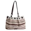 Striped plush tote bag in cream and dark brown with premium leather shoulder straps - Large / White Fair Isle Pattern