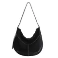 Borsa hobo minimalista in pelle nera con cuciture bianche a contrasto e capienza - Nero