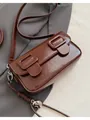 Brown polished leather baguette bag with double square buckles and heart charm - Brown with Pendant