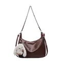Dark brown faux leather baguette bag with silver chain and plush bunny charm - Coffee With Charms