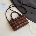 Sac seau vintage à carreaux marron avec broderie ours et lanières en cuir - Sans Pendentif / Café