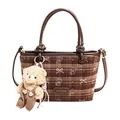 Sac seau à carreaux marron avec motifs d'ours et un charme d'ours en peluche - Avec Pendentif Ours en Peluche / Marron