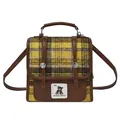 Sac cabas vintage à carreaux jaunes avec garniture en cuir et patch d'ours mignon - Fauve
