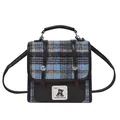 Sac fourre-tout à carreaux bleus avec garniture en cuir marron et bandoulière amovible - Marron