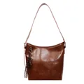 Dunkelbraune Tragetasche aus Leder mit Umhängeriemen und dekorativem Perlenanhänger - Tasche mit Anhänger / Hellbraun