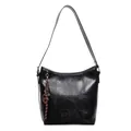 Glänzende schwarze Wachsleder Eimertasche mit großem Fassungsvermögen und Schultergurt - Tasche mit Anhänger / Schwarz
