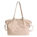 Minimalist beige PU leather tote bag with silver buckle pocket and adjustable straps - 33x13x29cm / Off White
