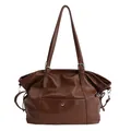 Retro dark brown large capacity tote bag with adjustable straps and front pocket detail - 33x13x29cm / Brown