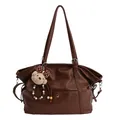 Vintage brown large tote bag with plush bear charm and magnetic front pocket - 33x13x29cm / Coffee With Pendant
