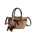 Retro beige Beuteltasche mit dunkelbraunen Griffen und süßem Dackel Anhänger Dekor - Mit Anhänger / Khaki