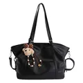 Classic black tote bag with textured faux leather and a cute brown plush bear charm - 33x13x29cm / Black With Pendant