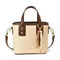 Sac seau chic en cuir beige et marron avec pendentif perles rétro et bandoulière - Blanc Cassé