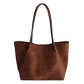 Grande borsa tote minimalista in pelle scamosciata marrone scuro con spalline lunghe - Marrone