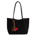 Borsa tote nera minimalista effetto scamosciato con ciondolo di peluche colorato e manici - Nero Con Pendente