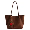Minimalist large tote bag in dark brown suede finish with decorative tassel charm - Brown with Pendant