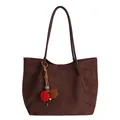 Minimalist large capacity tote bag in dark brown faux suede with decorative tassel charm - Coffee With Pendant