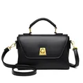 Minimalist black trapezoid handbag with gold metal lock and adjustable shoulder strap - Black