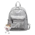 Silbergrauer Vintage-Rucksack mit dezentem Metallglanz und süßem Katzen-Plüsch-Anhänger - Silber mit Anhänger