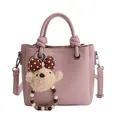 Pink tote bag in lychee texture leather with cute teddy bear pendant and shoulder strap - With Pendant / Purple