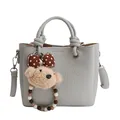 Light gray bucket tote bag with lychee texture leather and plush bear pendant - With Pendant / Blue
